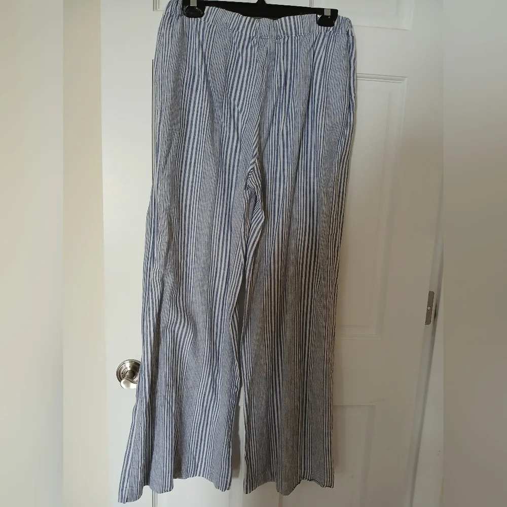 Striped Blue White Wiide Leg, 55% Linen 45% Cotton Elastic Waist Pants - Picture 5 of 10